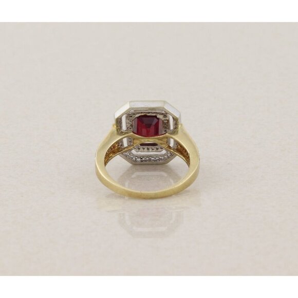 10k Yellow Gold Lab Created Ruby & Natural Diamond Halo Ring Size 6 1/2 - Picture 6 of 7